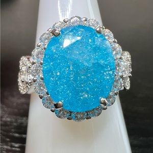 925 Sterling Silver Infinity Oval Cut Aqua Blue Ice CZ Ring Size 6